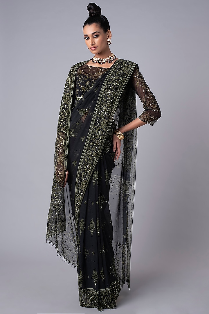 Black & Olive Embroidered Saree Set by Hemant Trevedi
