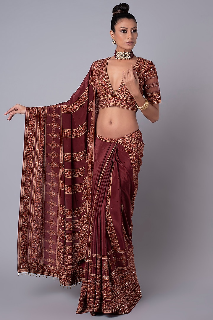 Brick Red Embroidered Saree Look by Hemant Trevedi