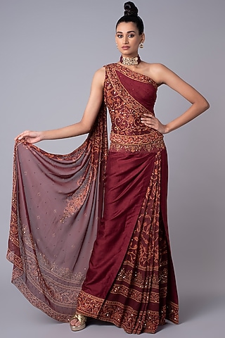 Brick Red Embroidered One-Shoulder Corset Skirt Look by Hemant Trevedi