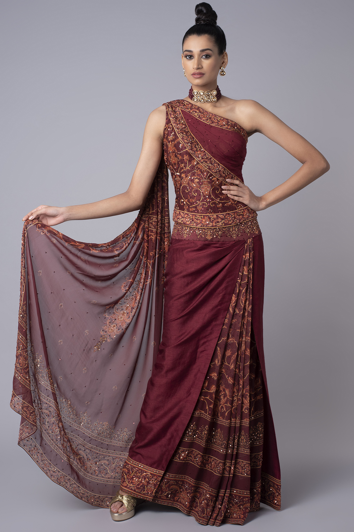 Brick Red Embroidered One-Shoulder Corset Skirt Look Design by Hemant ...