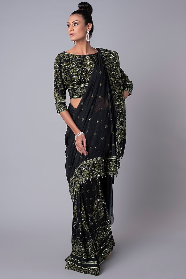 Black & Olive Embroidered Pre-Stitched Skirt Saree by Hemant Trevedi