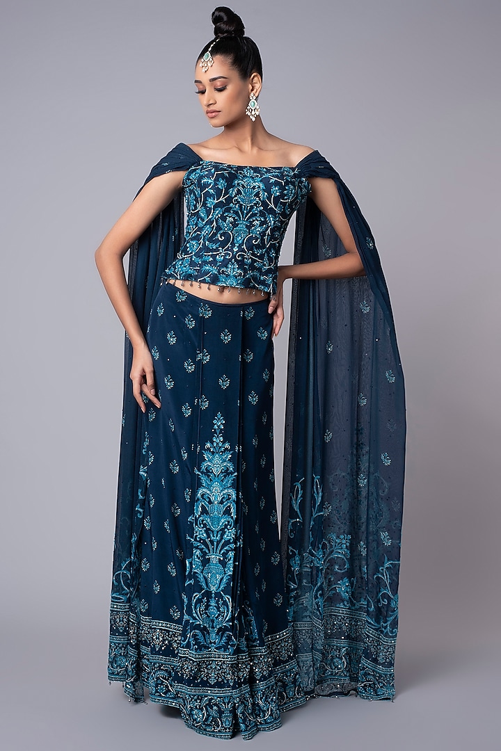  Blue Embroidered Corset Saree-Skirt Look by Hemant Trevedi