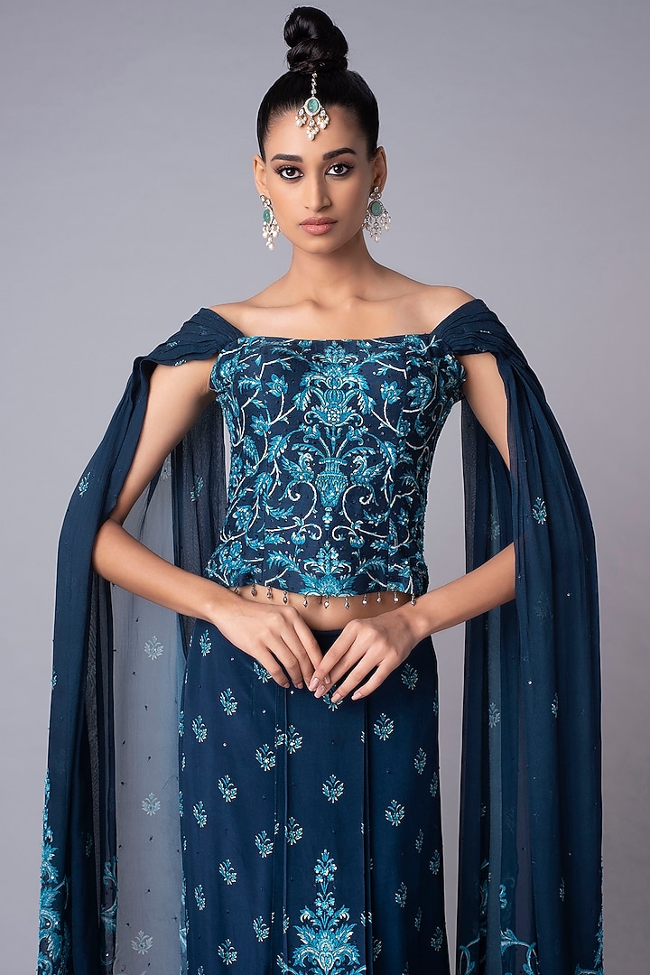 Blue Embroidered Corset Saree-Skirt Look by Hemant Trevedi at Pernia's Pop Up Shop