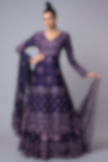 Purple Embroidered Kurta & Ghagra Look by Hemant Trevedi