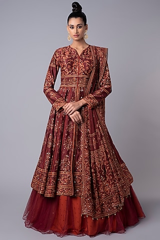 Brick Red Embroidered Jacket Anarkali Set by Hemant Trevedi