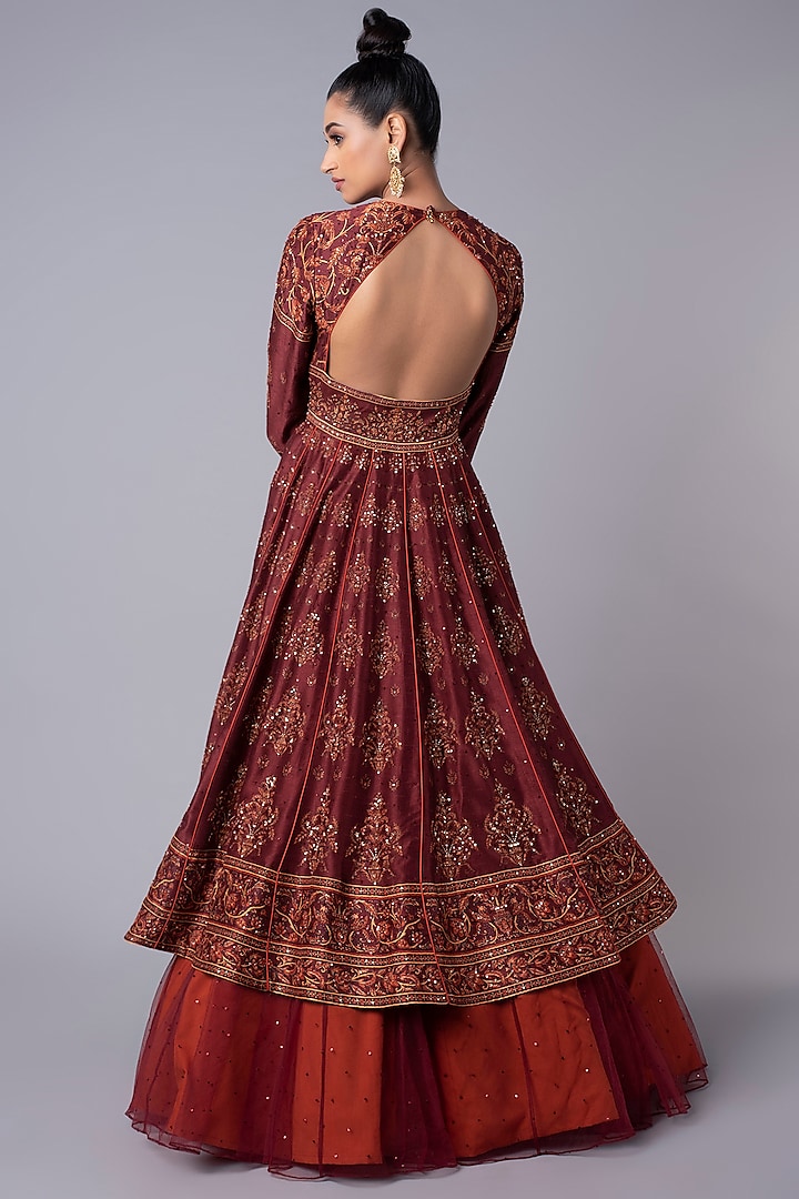 Brick Red Embroidered Jacket Bridal Anarkali Set by Hemant Trevedi at Pernia's Pop Up Shop