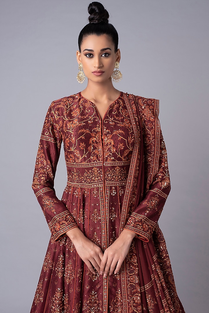 Brick Red Embroidered Jacket Bridal Anarkali Set by Hemant Trevedi at Pernia's Pop Up Shop