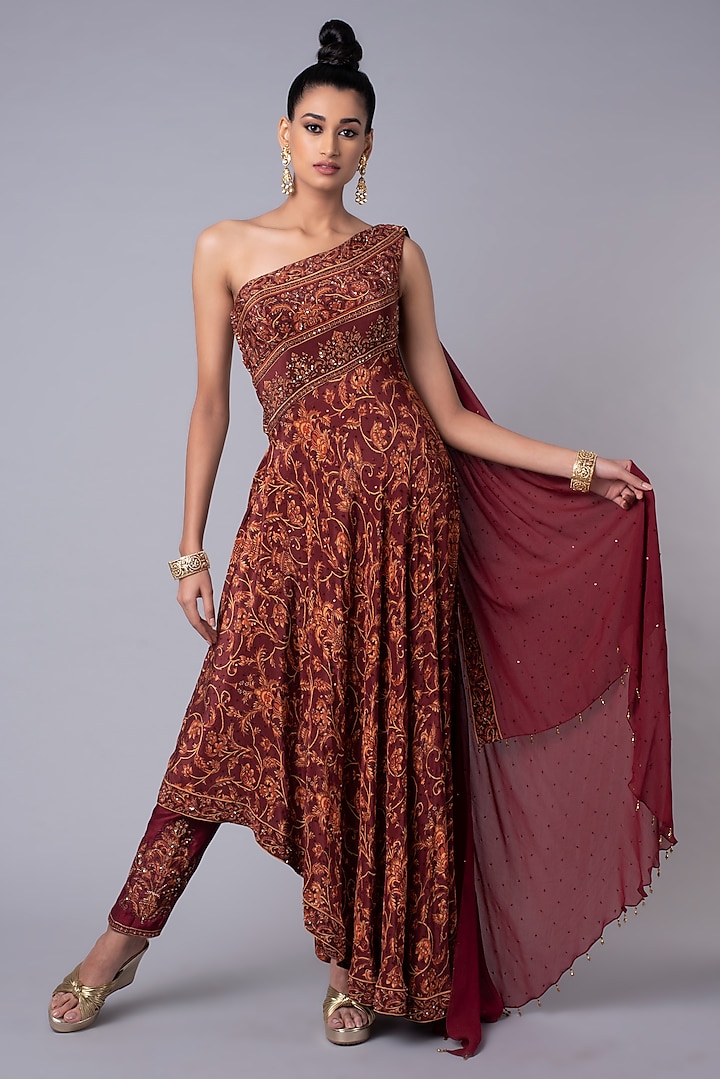 Brick Red Embroidered One-Shoulder Tunic Look by Hemant Trevedi