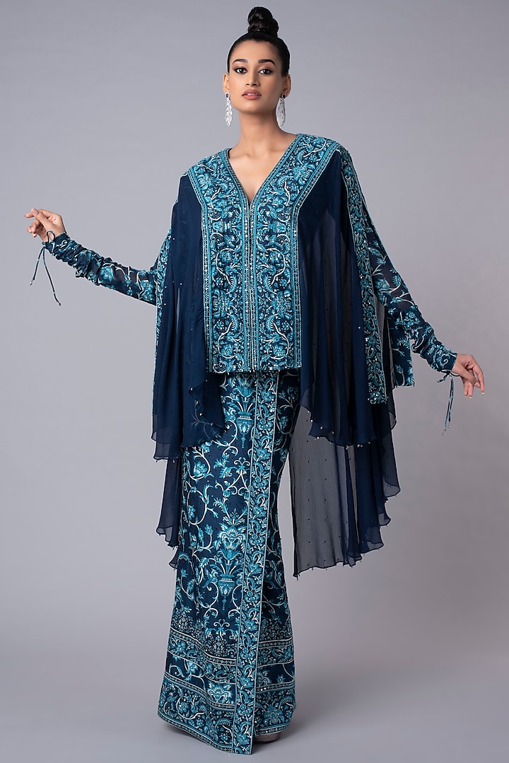  Blue Embroidered Draped poncho & Wrap Skirt  by Hemant Trevedi