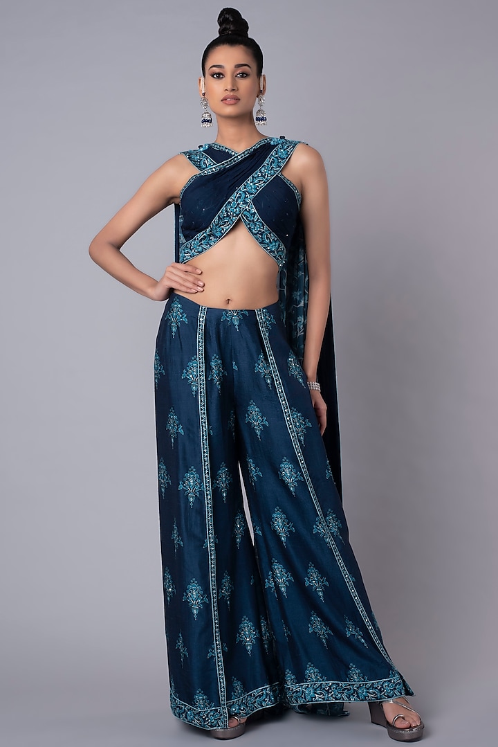 Blue Embroidered Palazzo Pant Set by Hemant Trevedi