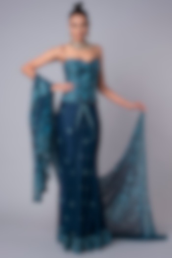 Blue Embroidered Corset & Mermaid Skirt by Hemant Trevedi