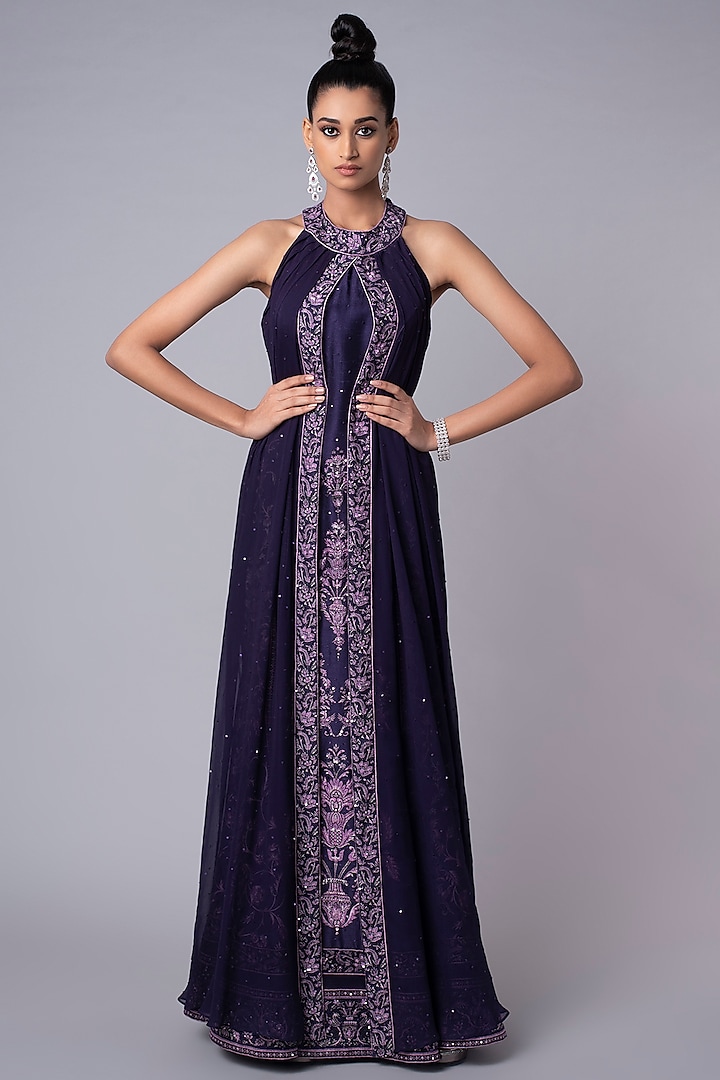 Purple Embroidered Gown by Hemant Trevedi