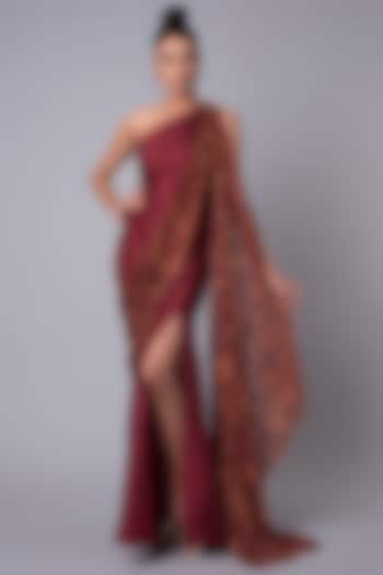 Brick Red One-shouldered Gown by Hemant Trevedi