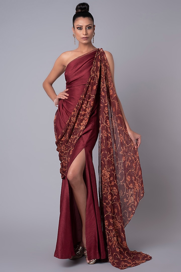 Brick Red One-shouldered Gown by Hemant Trevedi