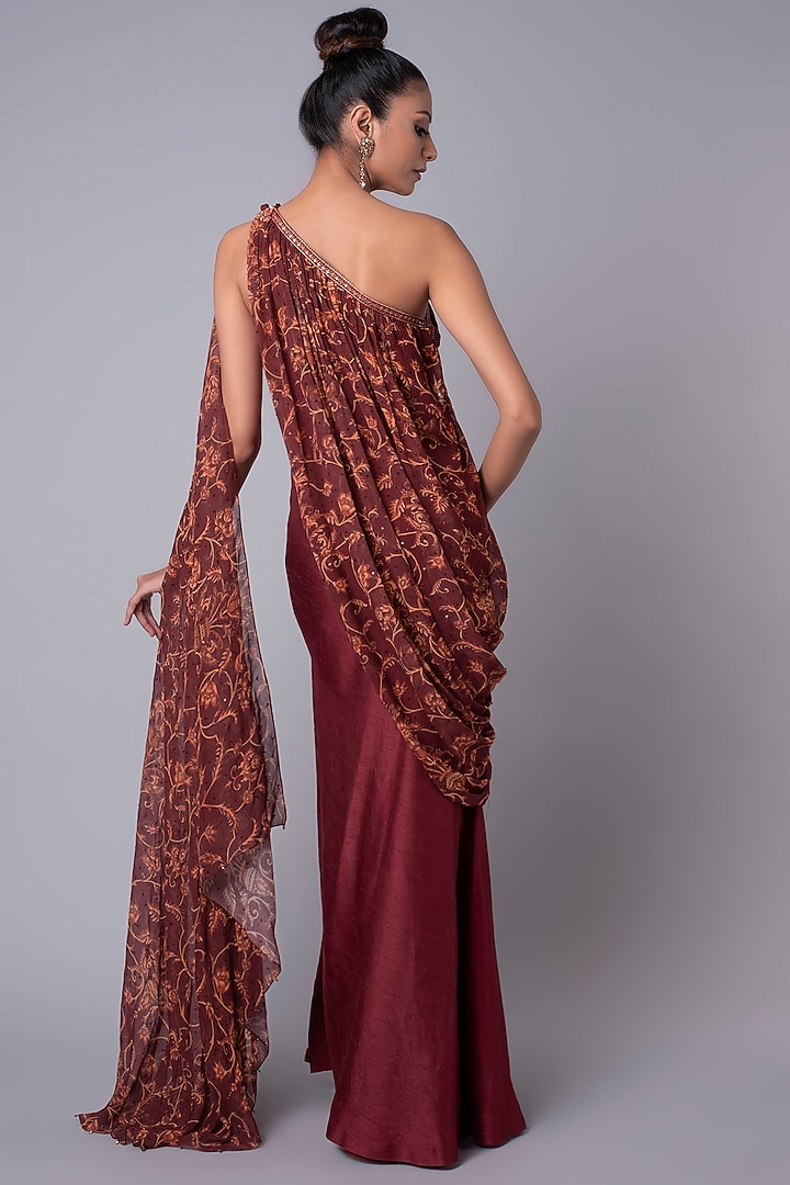 Brick Red One-shouldered Party Wear Gown by Hemant Trevedi at Pernia's Pop Up Shop