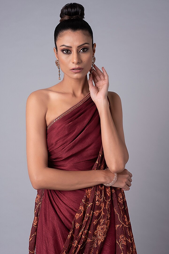Brick Red One-shouldered Party Wear Gown by Hemant Trevedi at Pernia's Pop Up Shop