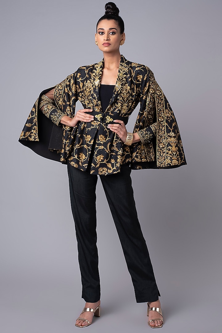 Black & Mustard Embroidered Jacket Set by Hemant Trevedi