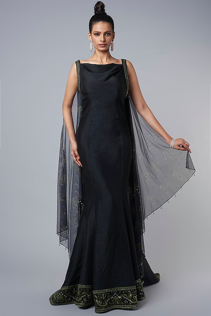 Black Cocktail Cowl Gown by Hemant Trevedi