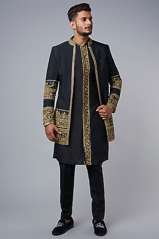 Black Fusion Cropped Coat Look by Hemant Trevedi Men
