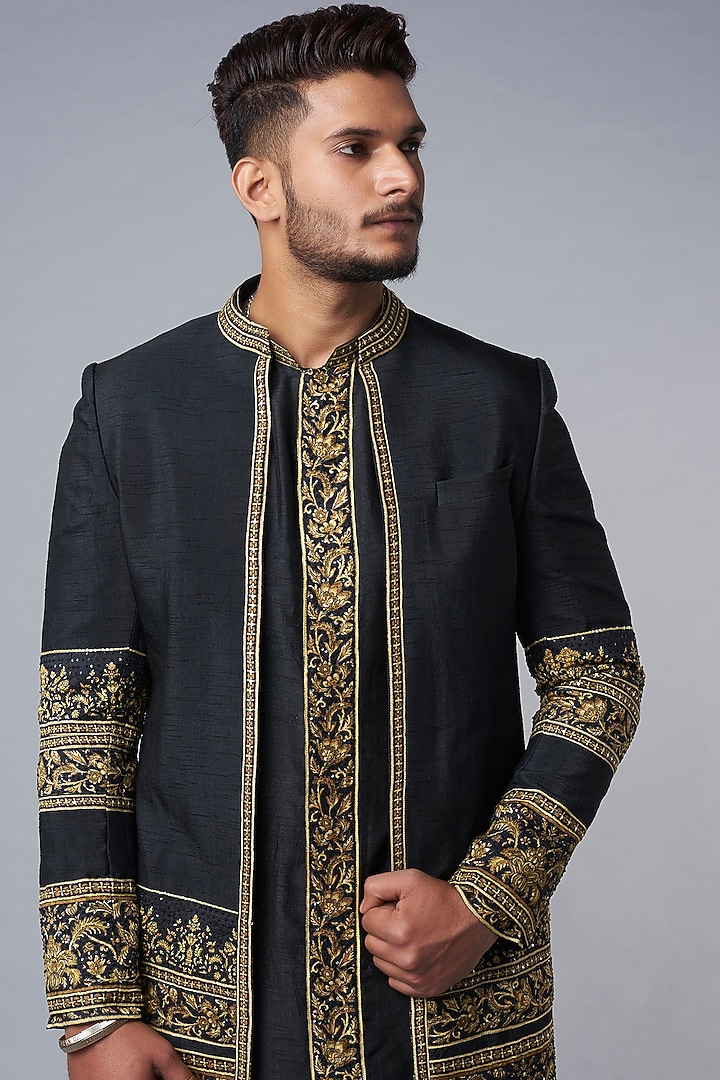Black Fusion Cropped Coat Look by Hemant Trevedi Men at Pernia's Pop Up Shop