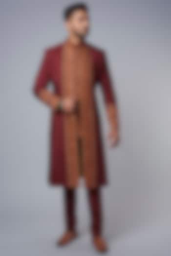 Brick Red Fusion Suit by Hemant Trevedi Men