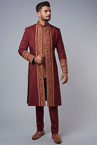 Brick Red Fusion Suit by Hemant Trevedi Men