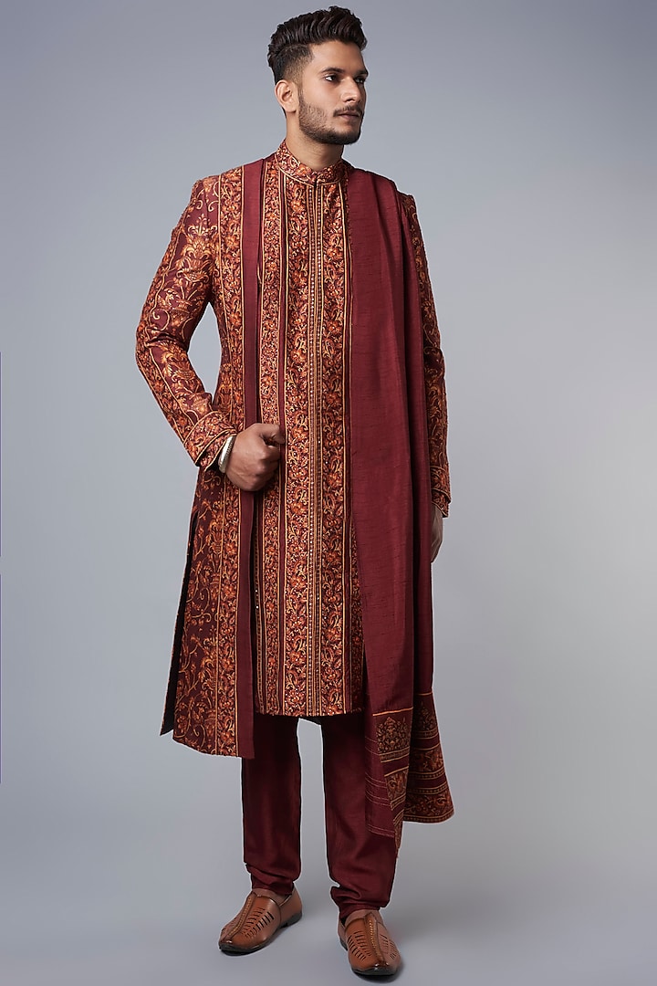 Brick Red Fusion Wedding Sherwani Look by Hemant Trevedi Men at Pernia's Pop Up Shop