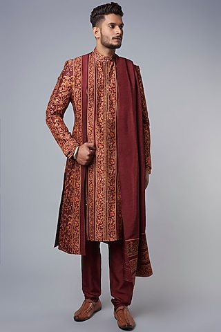 Brick Red Fusion Sherwani Look by Hemant Trevedi Men