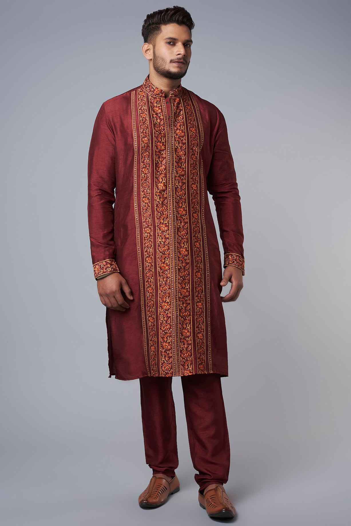 Brick Red Fusion Sherwani Look by Hemant Trevedi Men
