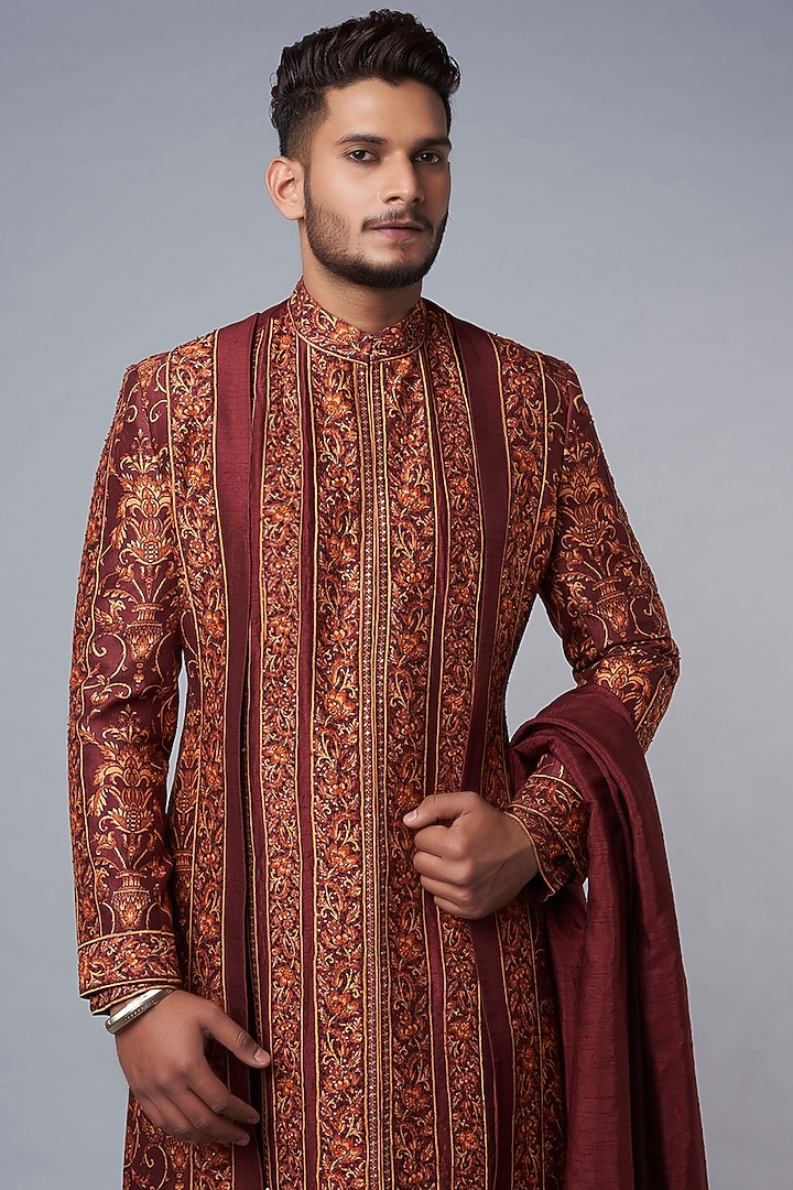 Brick Red Fusion Wedding Sherwani Look by Hemant Trevedi Men at Pernia's Pop Up Shop
