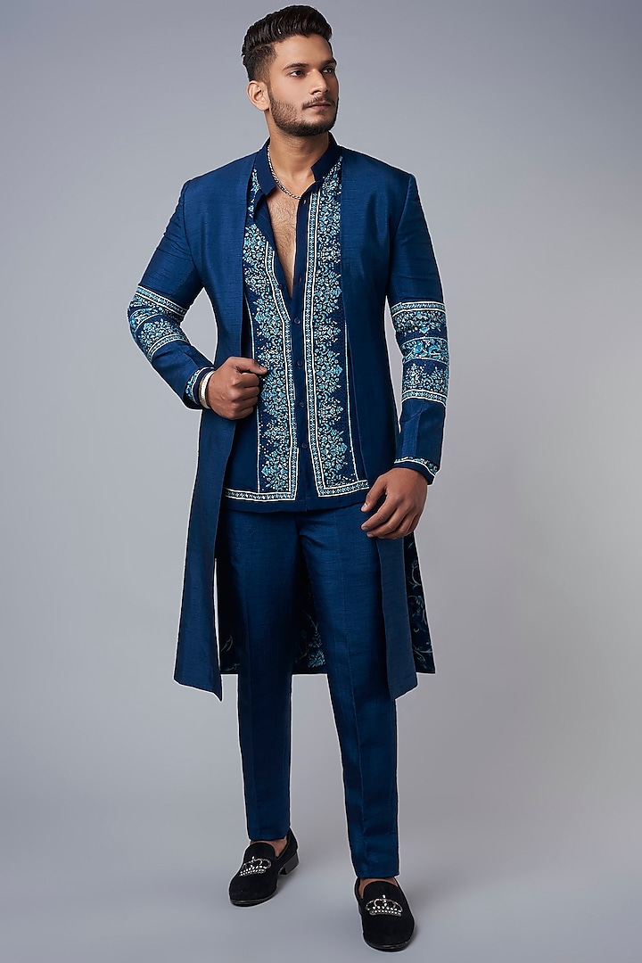 Blue Three Piece Suit by Hemant Trevedi Men