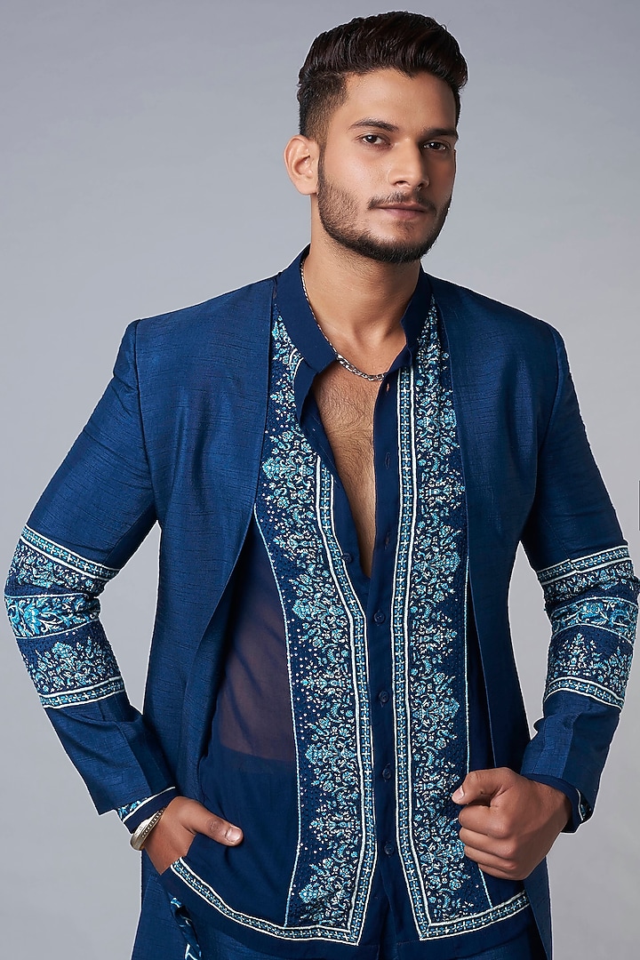 Blue Three Piece Suit by Hemant Trevedi Men at Pernia's Pop Up Shop