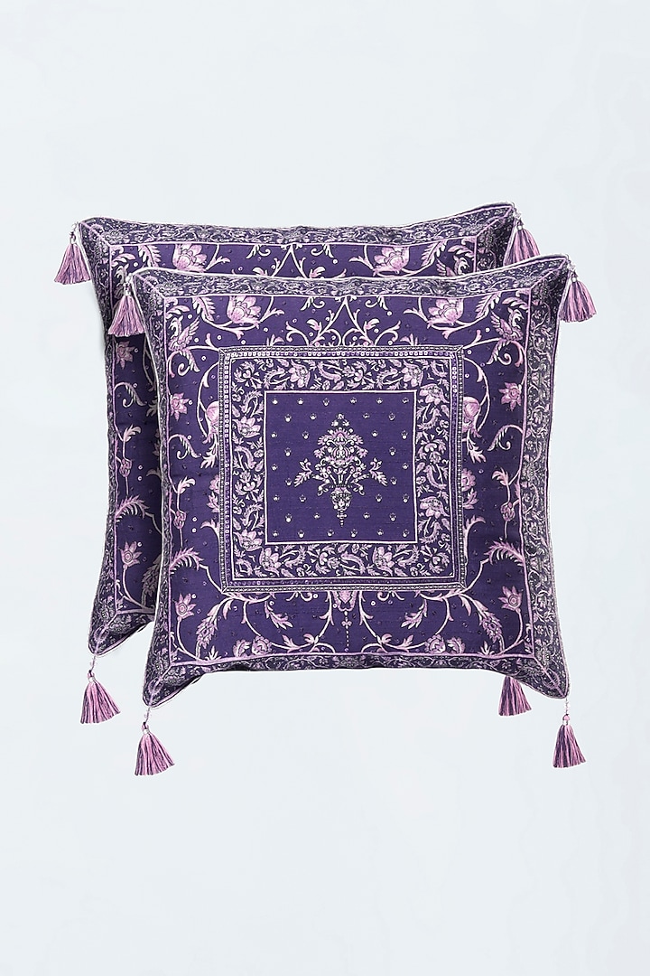 Purple Printed & Embroidered Cushion Cover by Hemant Trevedi at Pernia's Pop Up Shop