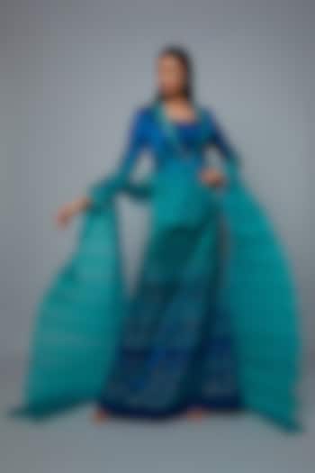 Aqua & Royal Blue Ombre Flared Skirt Set by Hemant Trevedi