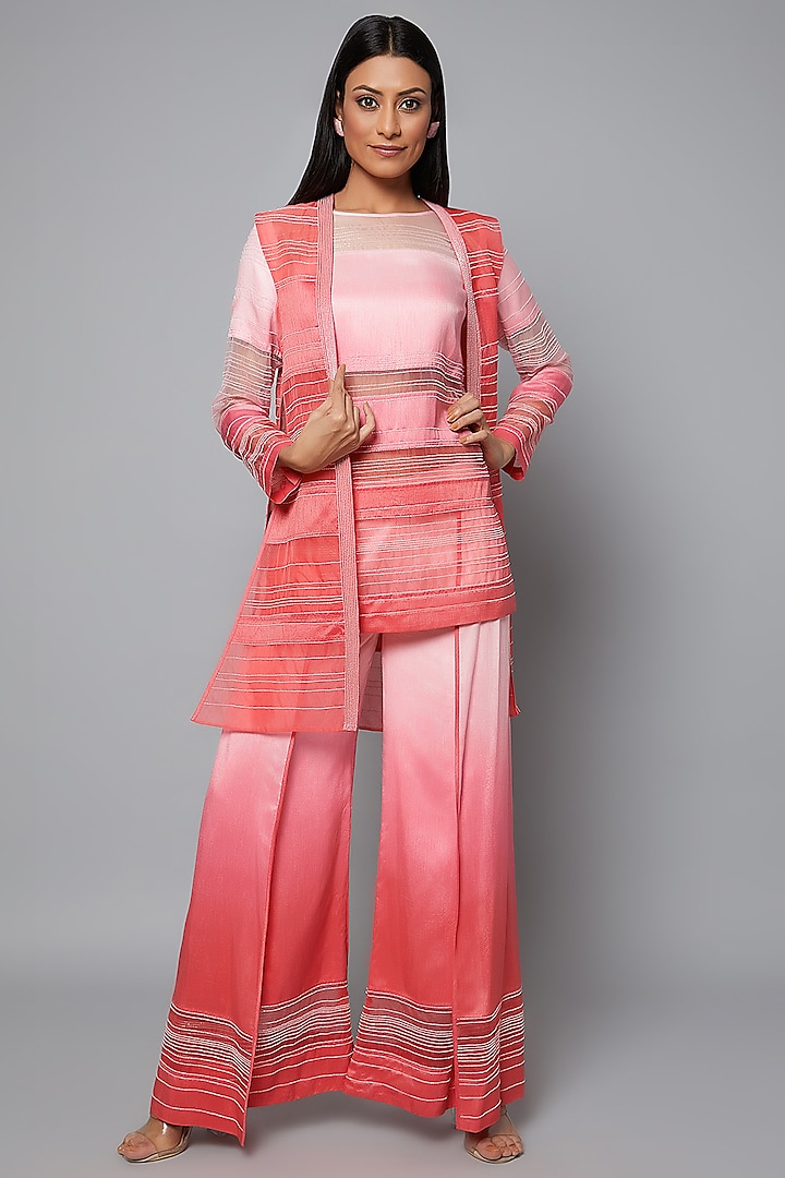 Pink & Blush Ombre Embroidered Tunic Set With Jacket by Hemant Trevedi