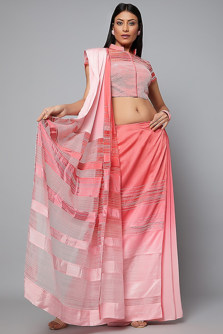 Pink & Blush Ombre Embroidered Pre-Stitched Saree Set by Hemant Trevedi