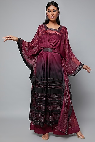 Wine & Black Ombre Embroidered Kaftan Set by Hemant Trevedi