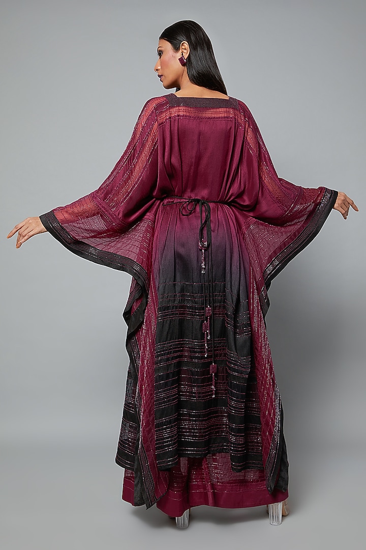 Wine & Black Ombre Embroidered Kaftan Set by Hemant Trevedi at Pernia's Pop Up Shop