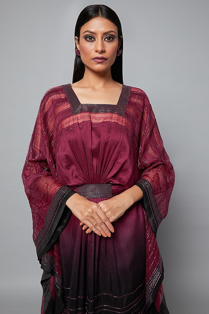 Wine & Black Ombre Embroidered Kaftan Set by Hemant Trevedi at Pernia's Pop Up Shop