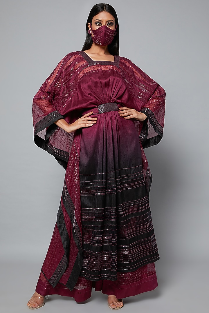 Wine & Black Ombre Embroidered Kaftan Set by Hemant Trevedi at Pernia's Pop Up Shop