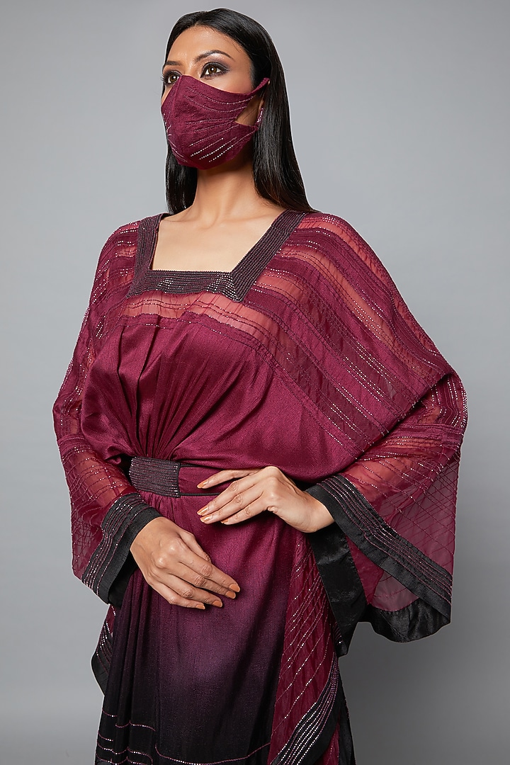 Wine & Black Ombre Embroidered Kaftan Set by Hemant Trevedi at Pernia's Pop Up Shop