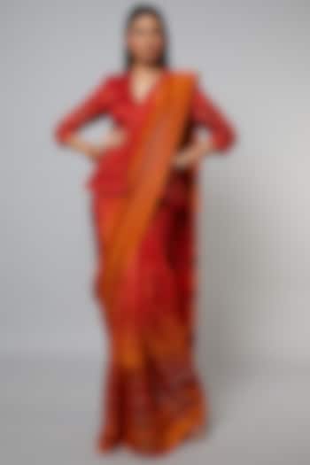 Rust & Mustard Ombre Embroidered Saree Set by Hemant Trevedi