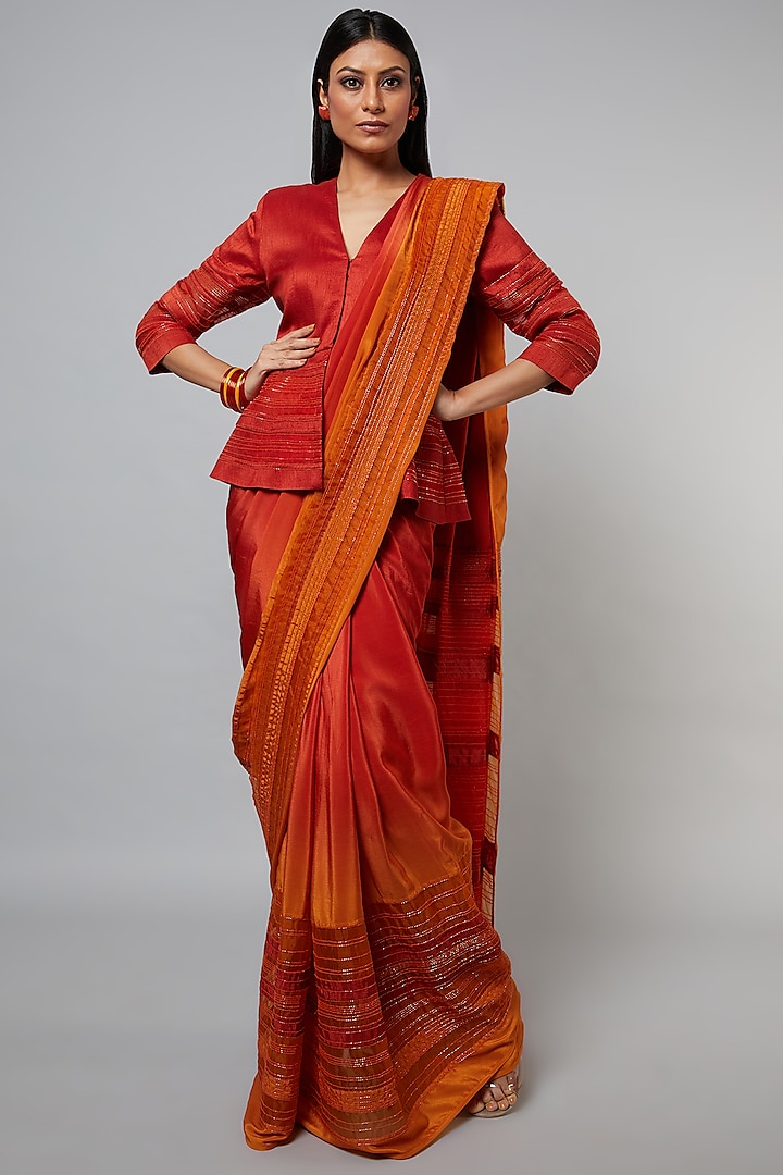 Rust & Mustard Ombre Embroidered Saree Set by Hemant Trevedi