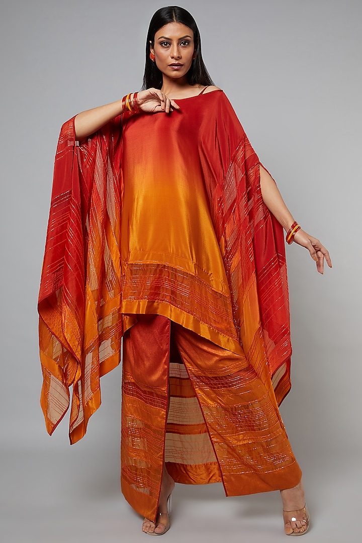 Rust & Mustard Ombre Embroidered Wrap Skirt Set by Hemant Trevedi