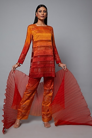 Rust & Mustard Ombre Embroidered Tunic Set by Hemant Trevedi