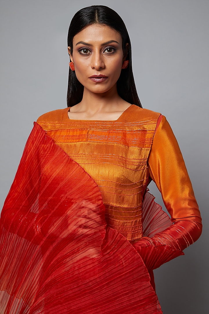 Rust & Mustard Ombre Embroidered Tunic Set by Hemant Trevedi at Pernia's Pop Up Shop
