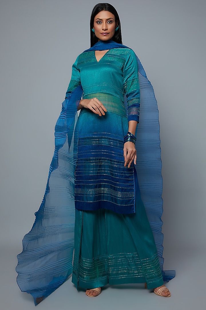 Aqua & Royal Blue Ombre Tunic Set With Embroidery by Hemant Trevedi