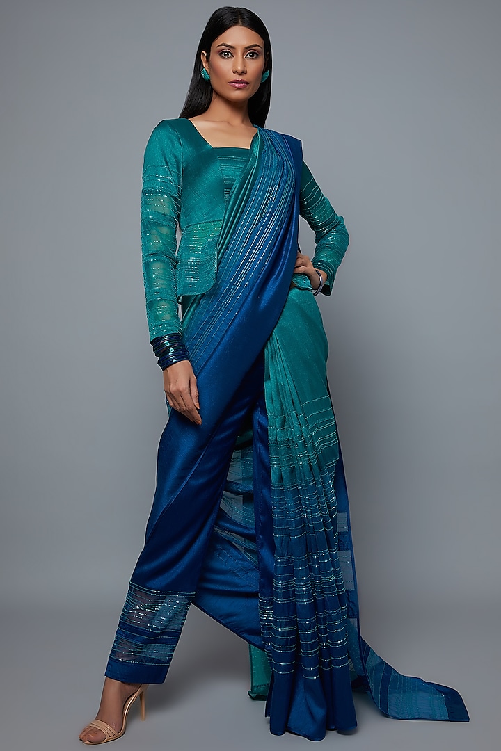 Aqua & Royal Blue Ombre Embroidered Saree Set by Hemant Trevedi