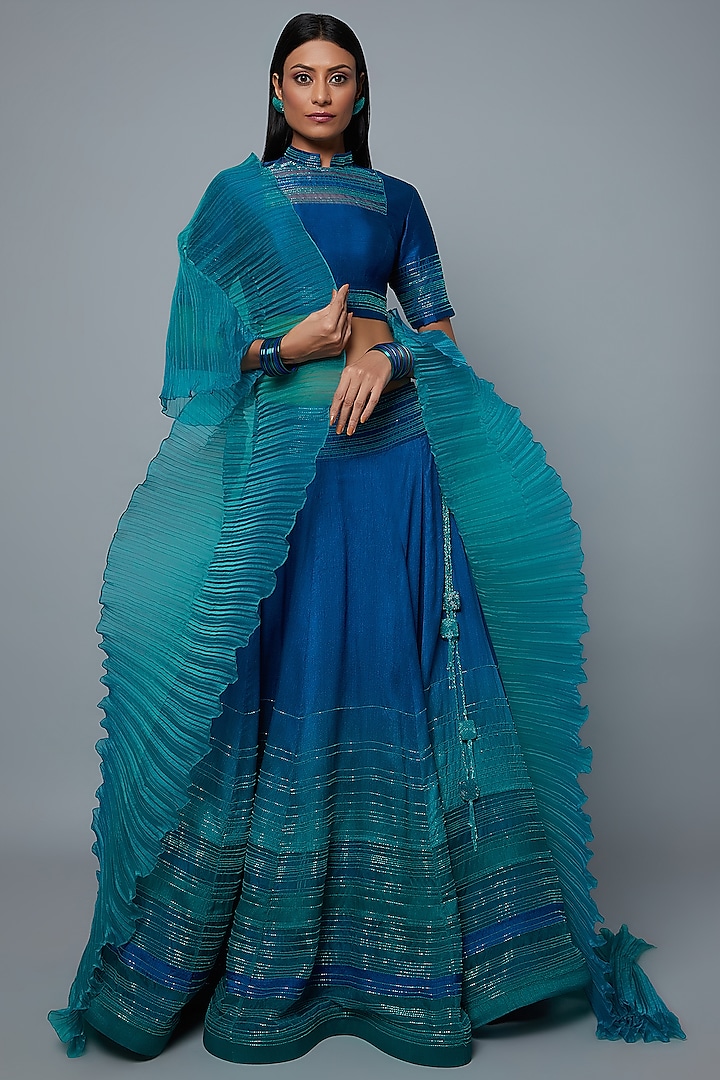 Aqua & Royal Blue Ombre Embroidered Lehenga Set by Hemant Trevedi