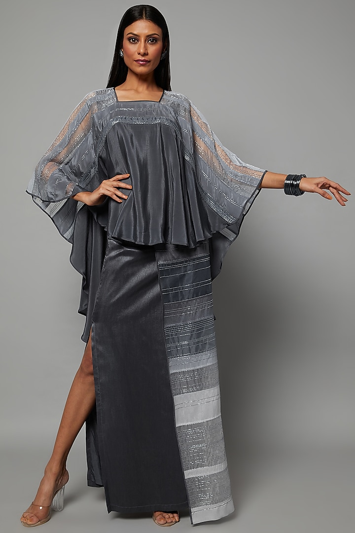 Dove & Grey Ombre Embroidered Wrap Skirt Set by Hemant Trevedi